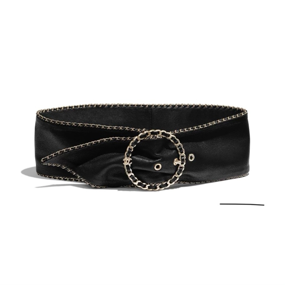 Chanel black lambskin leather belt gold hardware.
